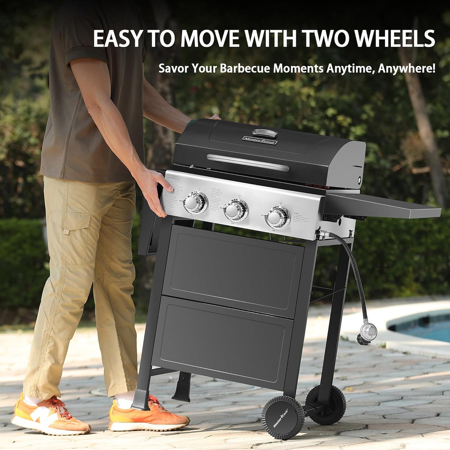 MASTER COOK 3 Burner BBQ Propane Gas Grill, Stainless Steel 30,000 BTU Patio Garden Barbecue Grill with Two Foldable Shelves