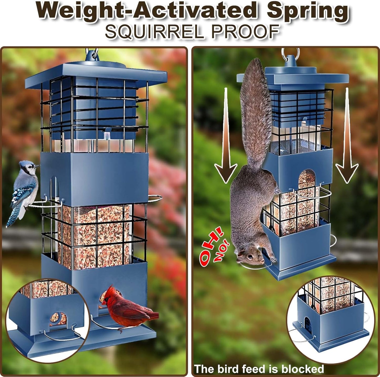 Bird Feeder 3LBS Metal Anti-Squirrel Wild Birdseed Feeder for Finch Cardinal Blue Jay Outdoors Hanging (Blue)