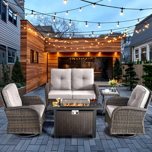 HUMMUH 5-Piece Patio Furniture Set with Fire Pit,Wicker Patio Glider Loveseat Outdoor Swivel Rocker Chairs for Backyard,Poolside,Deck
