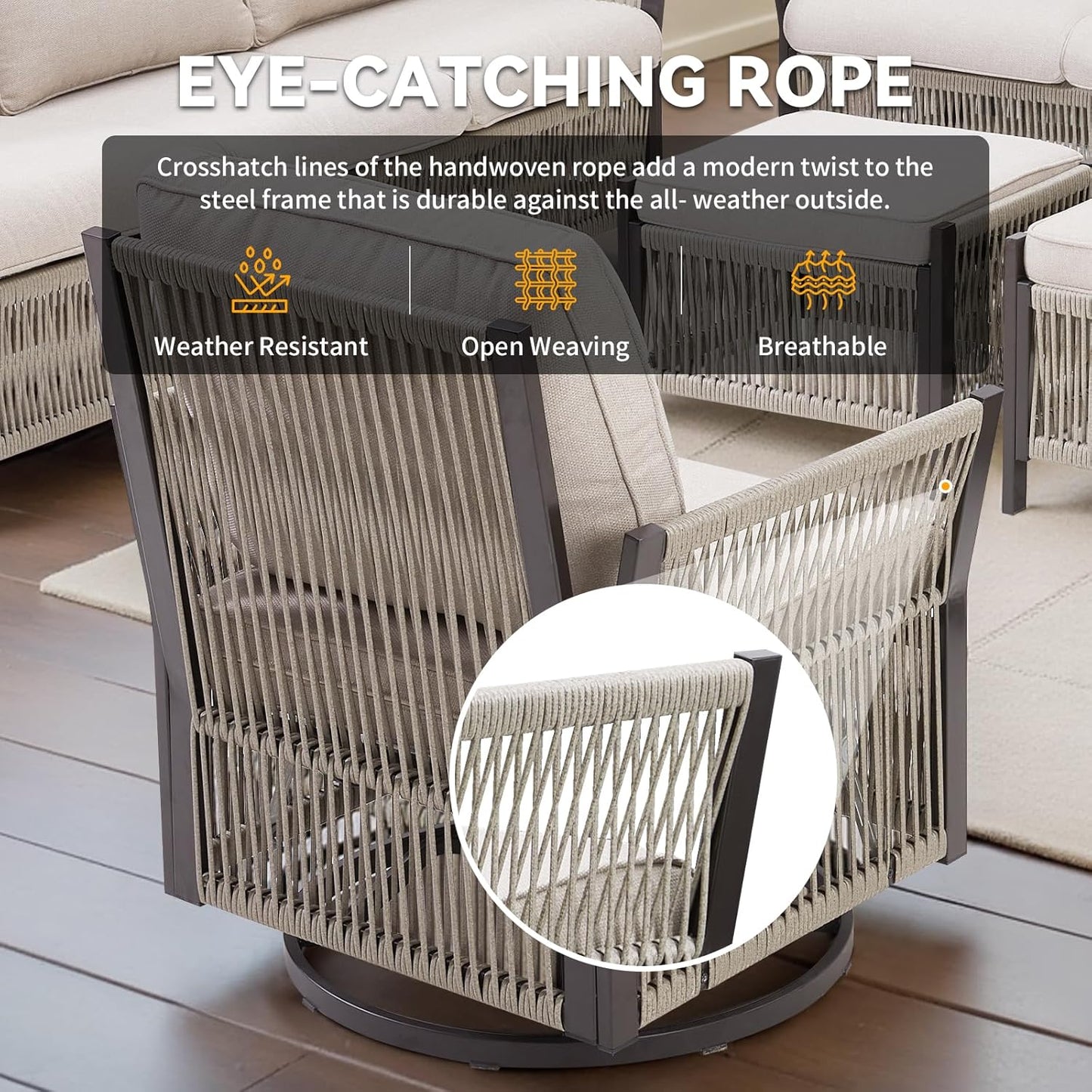 6-Piece Patio Furniture Wicker Outdoor Conversation Set, All Weather Patio Rattan Sofa Sets Swivel Rocking Chairs, Ottomans, Side Table for Backyard, Balcony Beige