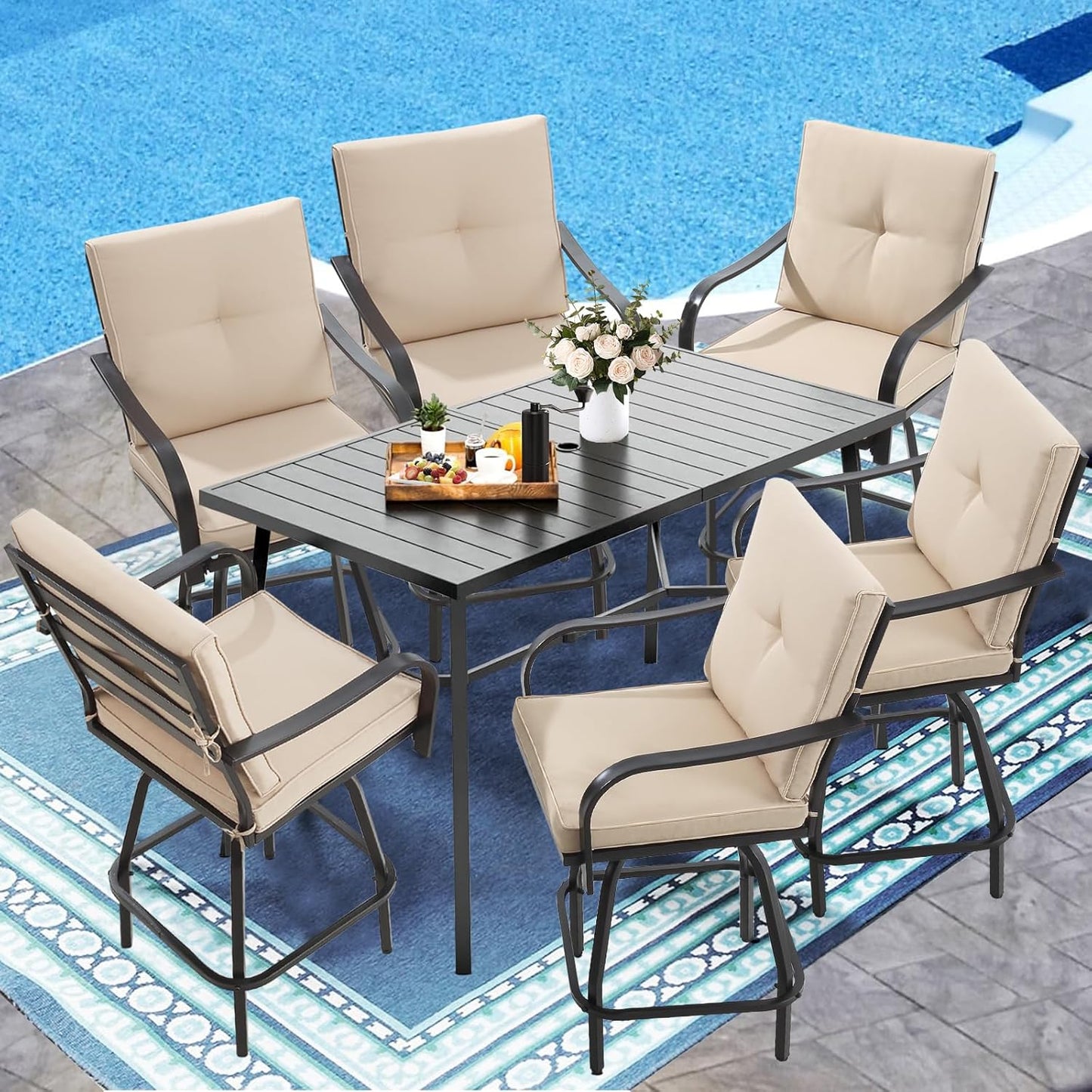 Patio Swivel Bar Stools, Outdoor High Back Swivel Bar Chair Set of 6 with Cushion & All Weather Steel Frame for Backyard, Lawn, Poolside and Balcony, Beige