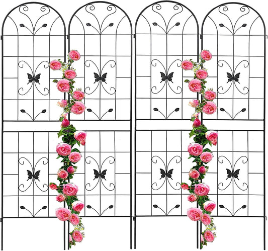 4 Pack Metal Garden Trellis 86.7" Black Fence Rustproof Garden Trellis for Climbing Plants Support Roses Flower Outdoor Lawn, Black