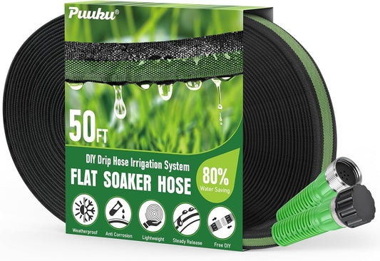 Flat Soaker Hose 50FT for Garden and Lawns, 80% Water-Saving Drip Irrigation Hose with Anodized Aluminum Ends, Flexible Leakproof Double Layer Gardening Hoses ﻿
