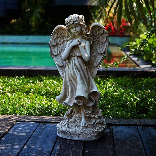 Garden Angel Figurines, Light Up Praying Angel Statues Outdoor Statue with Solar LED Lights for Patio, Lawn, Cemetary Grave Decoration, Sympathy Gift, 16.9" H