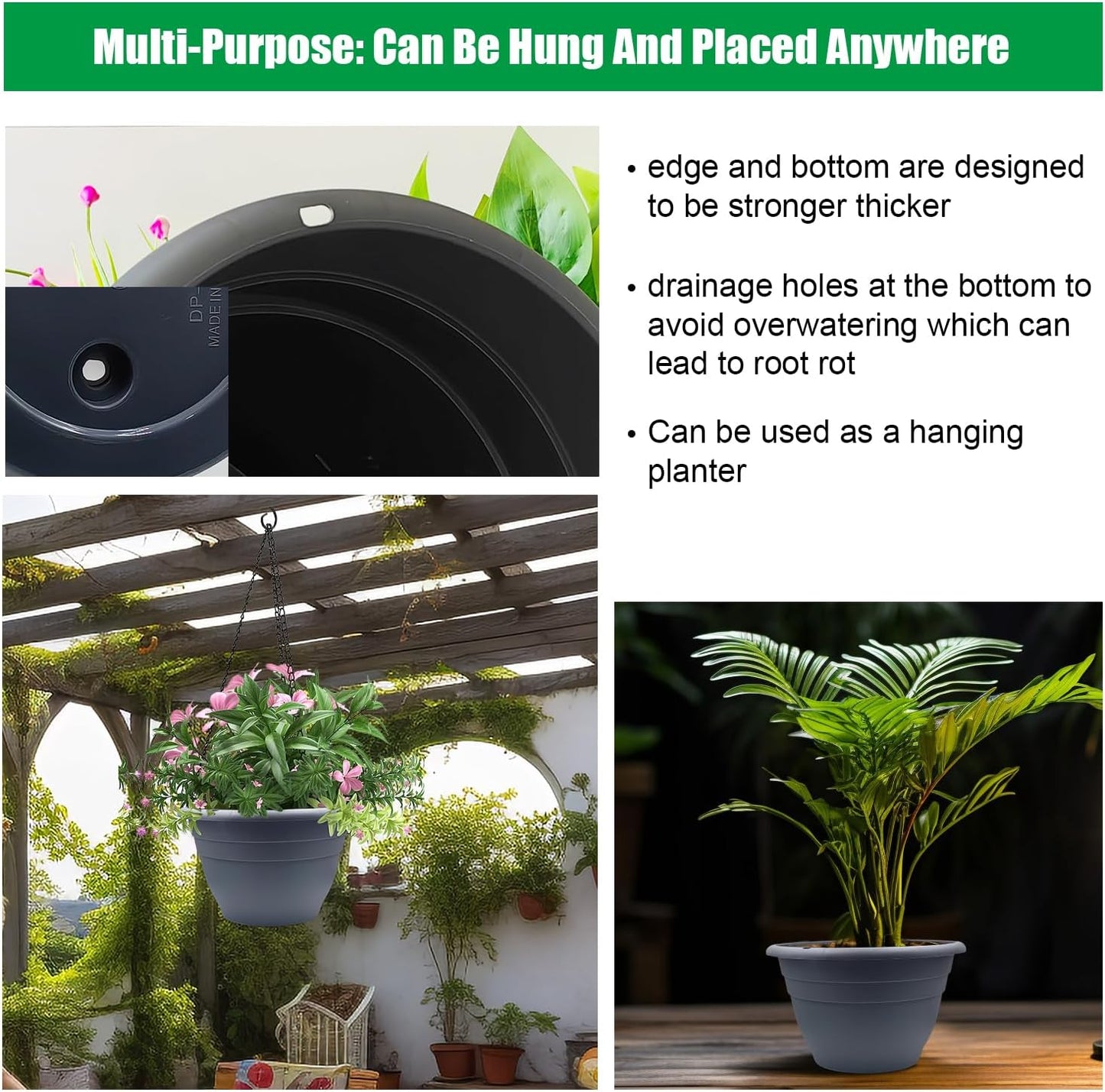 Plant Pots Set of 5, 10" Outside Diameter Flower Pots, 8.5" Inner Diameter Planters with Drainage Hole, Durable Garden Pots Perfect for Indoor & Outdoor Plant Planting, Decor, Gray