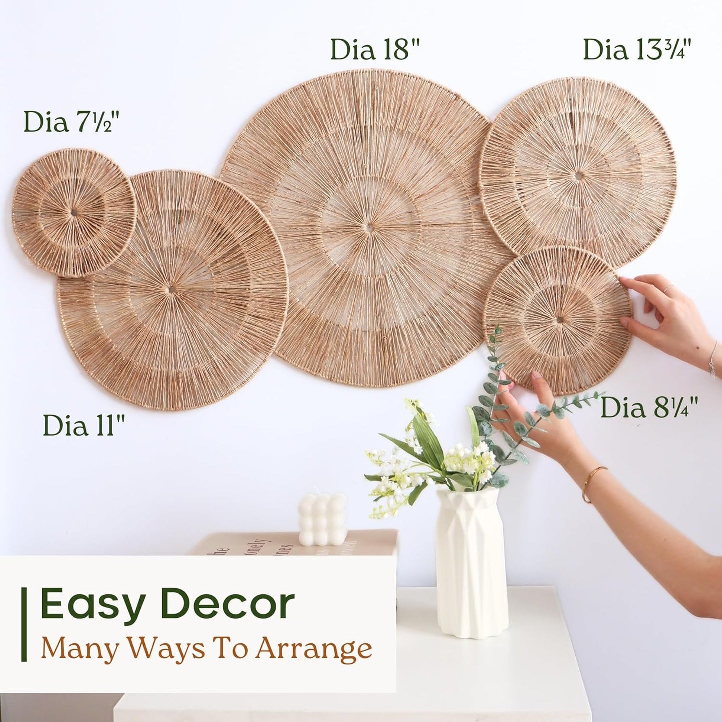 CHI AN HOME 18 Inch Boho Wall Decor – Set of 5 Woven Jute Wall Baskets, Boho Wall Art & Decorative Basket Set, Farmhouse Wall Hanging, Handwoven Wall Plates for Living Room, Bedroom – 18", 14", 11", 8", 7"