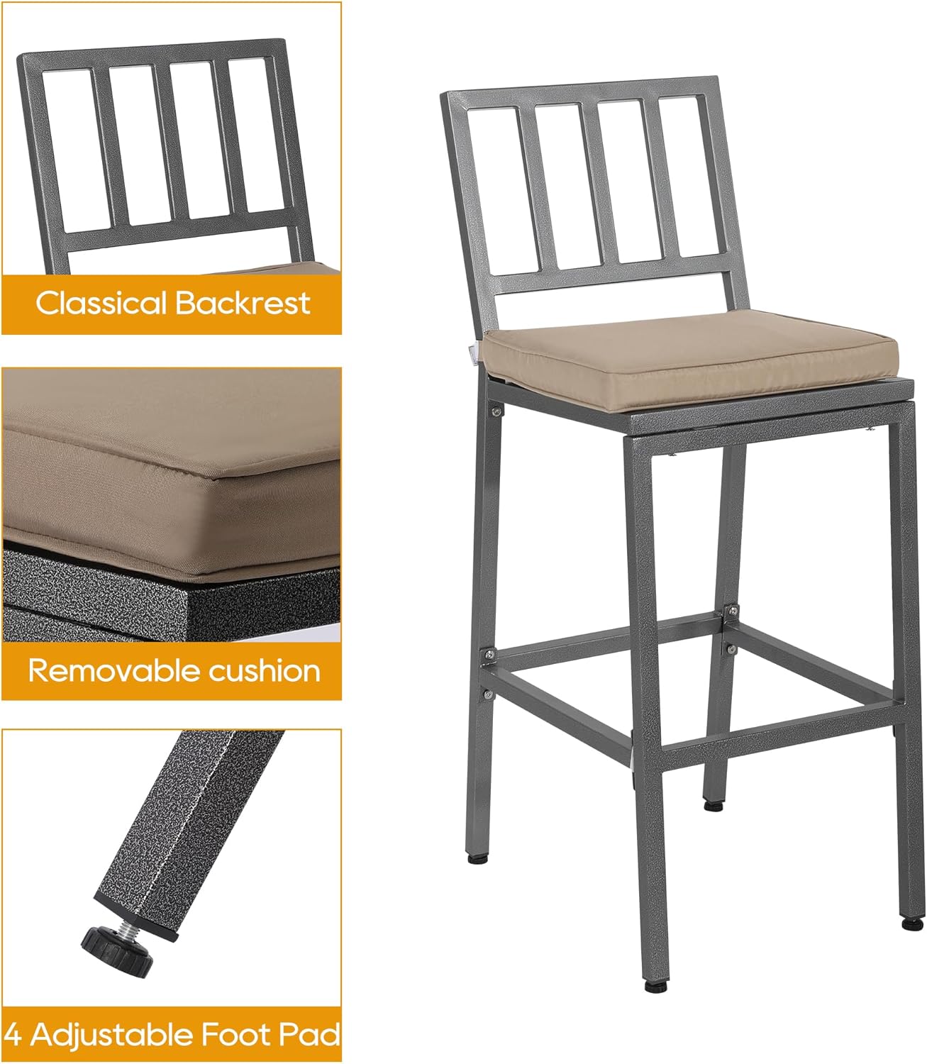 Outdoor Patio Bar Set, Bar Height Patio Dining Set, Weather-Resistant Bistro Counter Pub Set with Cushions & Slatted Tabletop for Backyard (Gray, 47" Wide Table, 4 "I Style Stool)