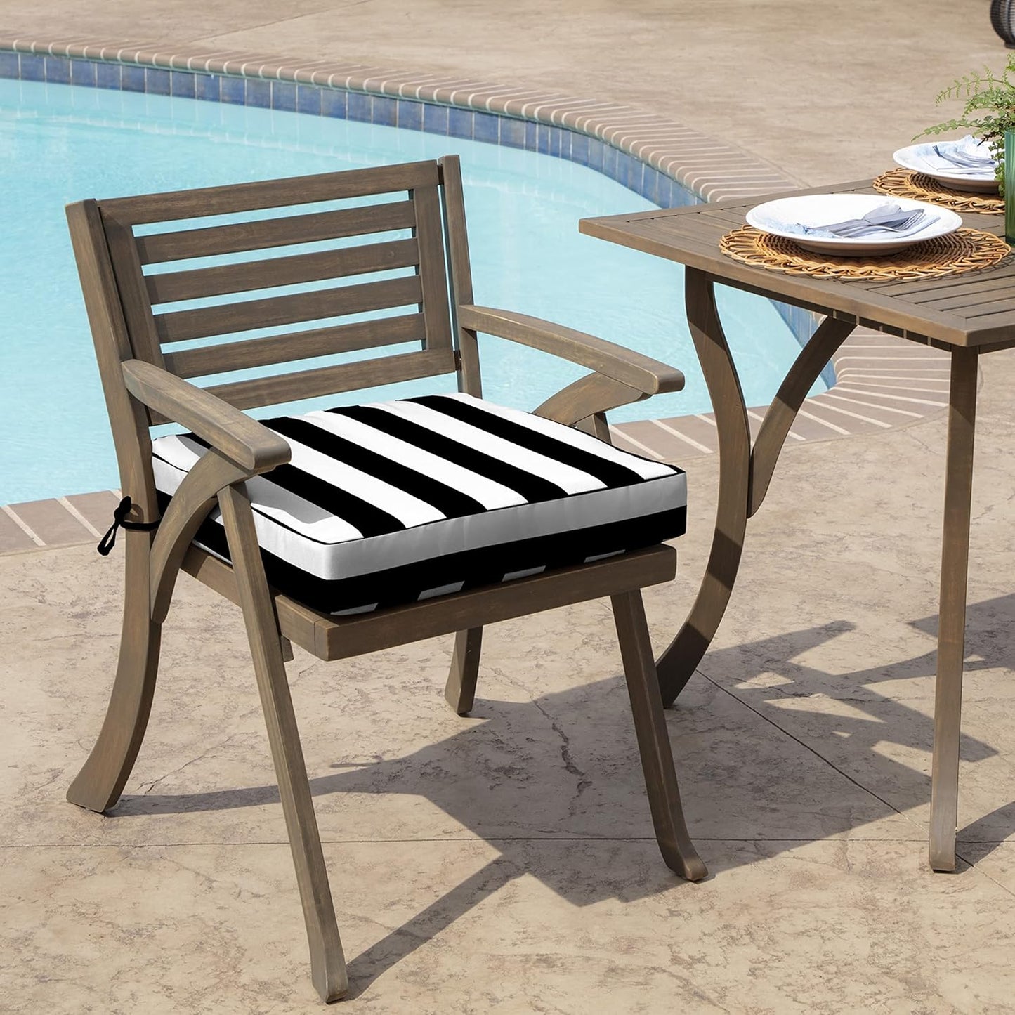 Arden Seat Cushion, 21 x 21, Rain-Proof, Fade Resistant, Cushion for Patio Dining, Adirondack, and Outdoor Chairs Black Cabana Stripe