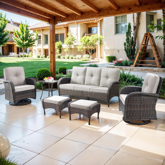 6 Piece Patio Conversation Sets - Wicker Patio Furniture Sets with Outdoor Swivel Rocker Chairs Outdoor Couch Perfect for Deck Patio Backyard, Brown Wicker Beige Cushion