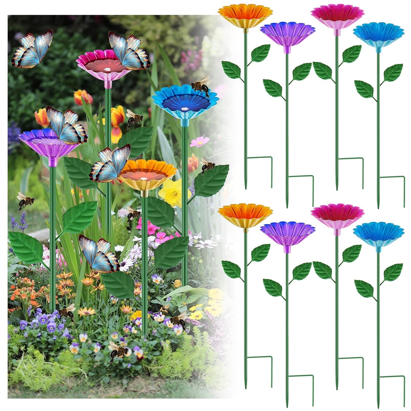 Tandefio 8 Pcs Bee Watering Station 25 x 2.6 Inch Metal Vivid Flower Bee Water Feeder for Garden Butterfly Feeders for Outdoors Colorful Butterfly Bath Bowl for Bird Thirsty Pollinators Outside Yard
