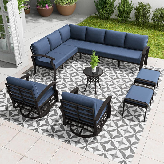 Aluminum Patio Furniture Set, 10 Seats Outdoor Patio Conversation Set with Swivel Chair Modern Metal Patio Sectional Sofa with Coffee Table for Patio, Backyard(Navy Blue).