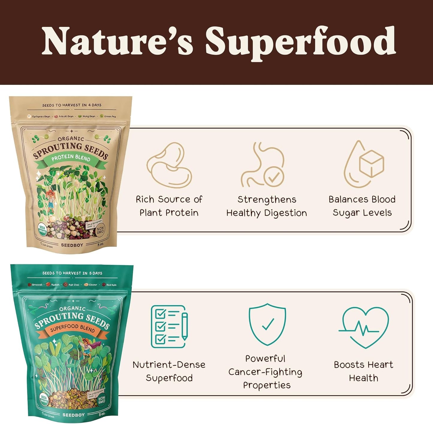 Seedboy Organic Sprouting Seeds Variety Pack - Two 8oz Bag Bundle - Superfood & Protein Blends, Non-GMO, USA-Grown Microgreens Mix, Makes 12 Quarts of Sprouts (36 Servings) (Superfood/Protein)