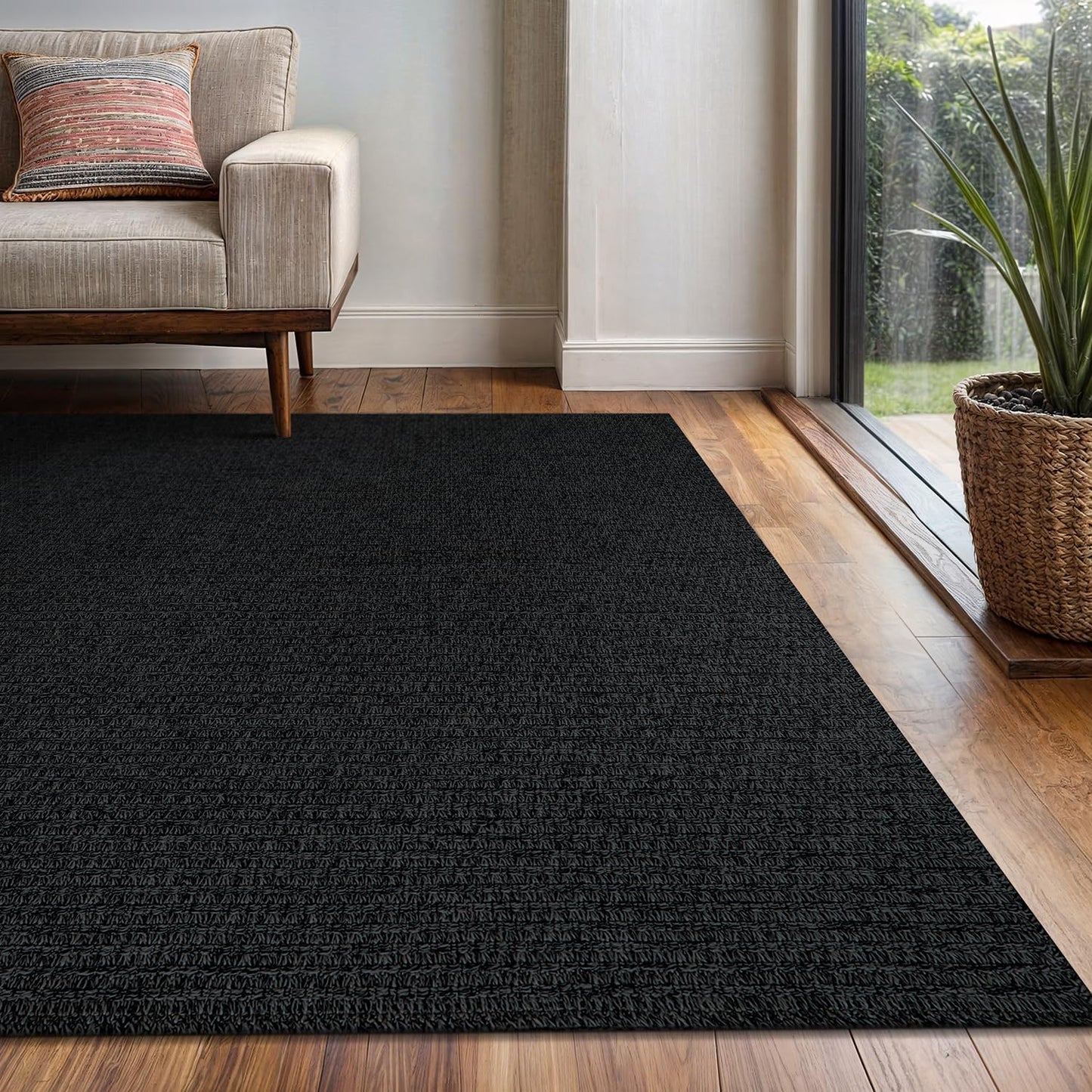 Easy Jute Rug 5x7 Indoor Outdoor Natural Rugs Solid Fiber Rug Woven Area Rug Boho Easy Clean Inside Carpet for Living Room Bedroom Dining Room Hallway or Outdoor Patio Porch (5 X 7 Dark Grey)