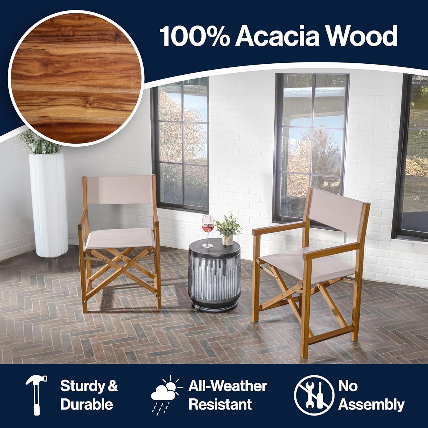 JONATHAN Y DRC1000B-SET2 Cukor Classic Vintage Outdoor Acacia Wood Folding Director Chair with Canvas Seat Classic, Vintage, Mid-Century, Modern, Traditional, Coastal, Beige/Teak Brown (Set of 2)