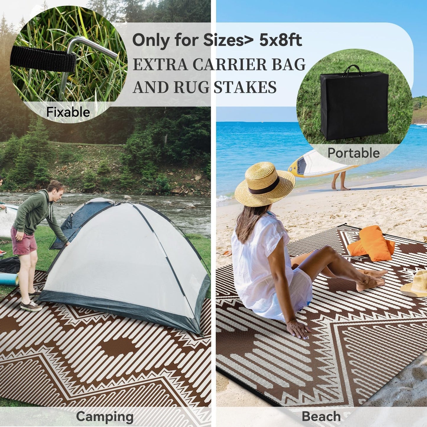MontVoo Outdoor Rug 8x10 Waterproof Patio Rug-Outdoor Carpet Mat Reversible Plastic Straw Outside Outdoor Rug for RV Camping Picnic Balcony Backyard Pool Deck Porch Modern Boho Beige Brown