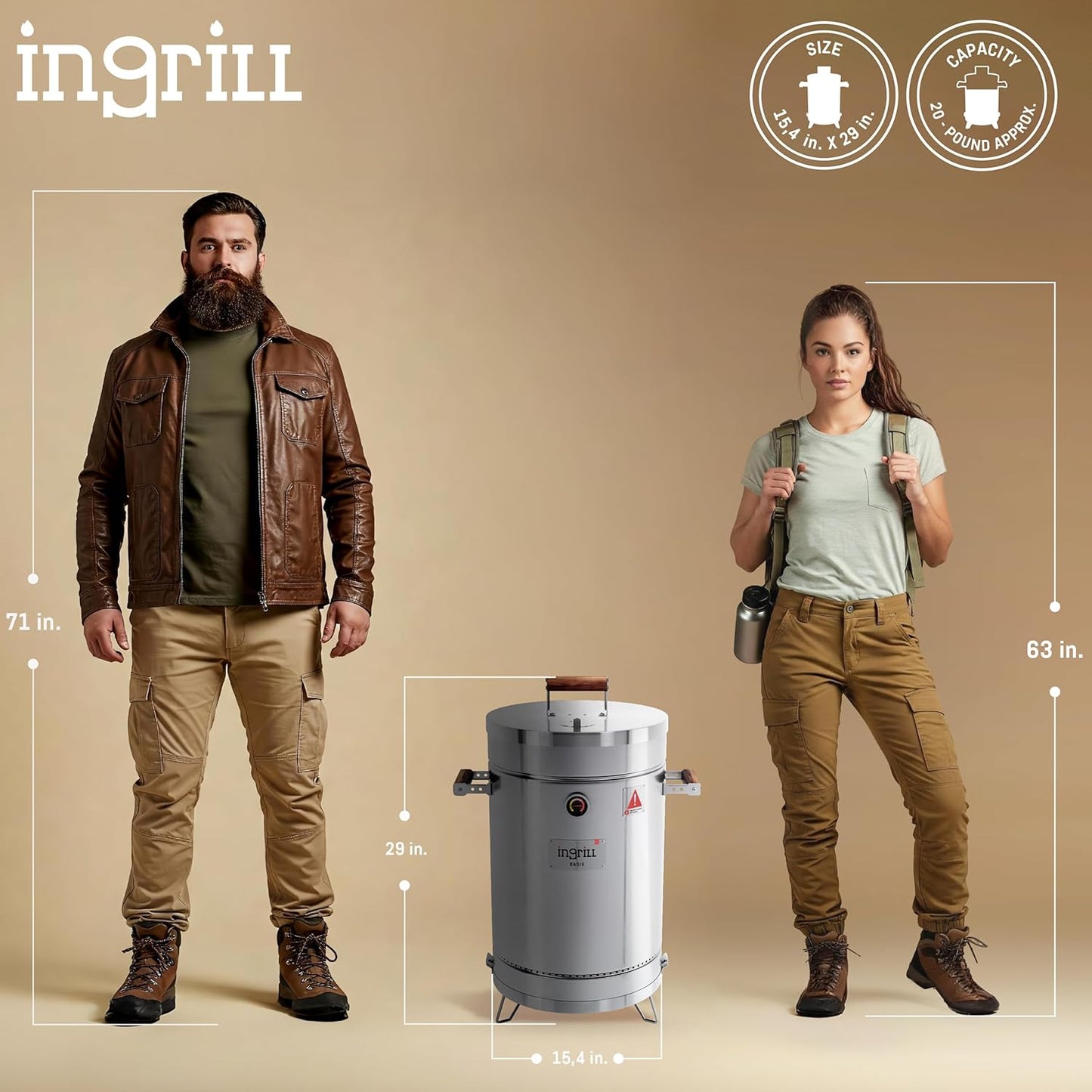 Charcoal Grills - Basic 25 lbs - Stainless Steel Smoker Grill 3-in-1 for Cooking & Home BBQ - Portable Vertical Smoker Barrel for Outdoor & Camping - Meat Grill with Thermometer & Accessories