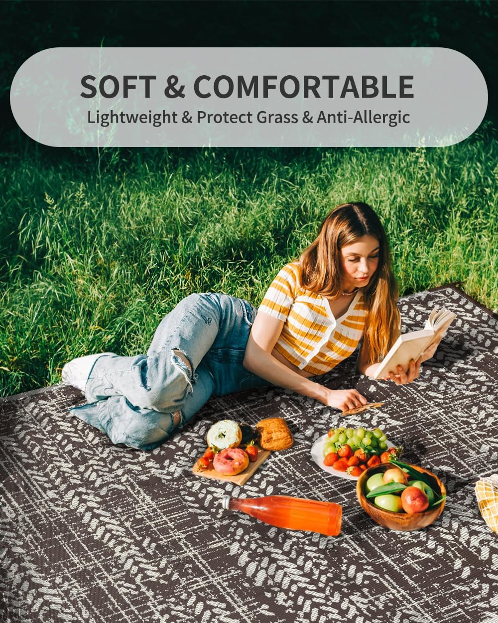 MontVoo Outdoor Rug Waterproof-Patio Rug Mat 5x8 Outdoor Carpet Reversible RV Camping Picnic Plastic Straw Rug Outside Outdoor Area Rug for Balcony Deck Backyard Patio Decor Boho Modern-Brown