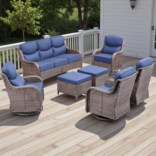 Wicker Outdoor Patio Furniture Set - 7 Piece Patio Conversation Sets with Swivel Rocker Chairs, Ottomans and Sofa, 6 inch Cushions, Waterproof Wicker, for Porch Deck Brown/Blue