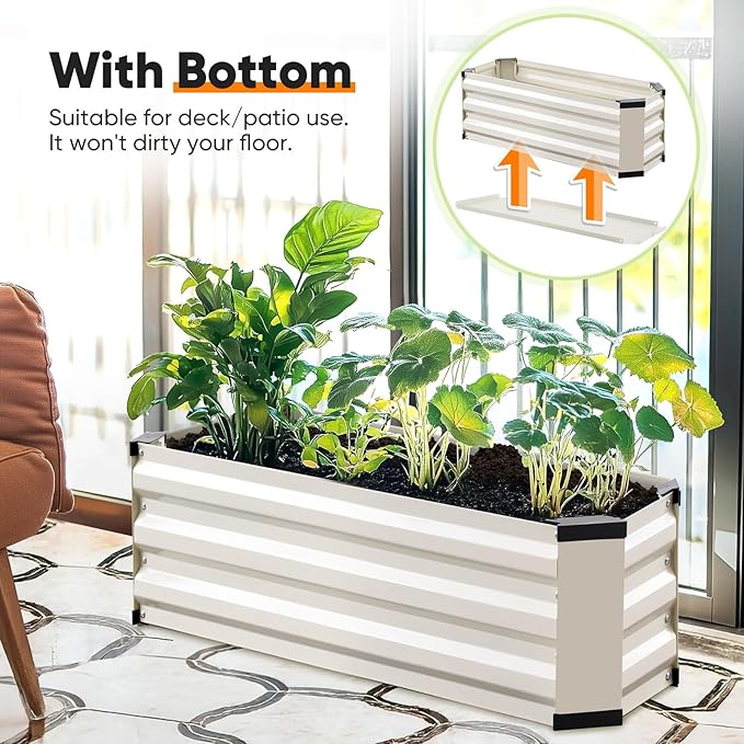 KING BIRD Raised Garden Bed Kit with Bottom 2025 Upgraded Galvanized Planter Garden Box Outdoor & Indoor for Gardening, Vegetables, Flowers, Beige, 35.4x11.8x11.8 in