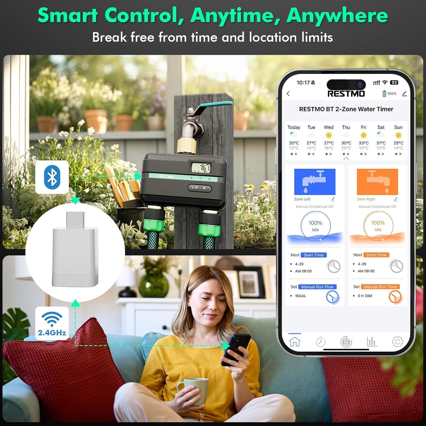 RESTMO Smart Sprinkler Timer with Flow Meter, 2 Zone Water Timer for Garden Hose, Brass Inlet & Outlet, Automatic Lawn & Yard Irrigation Watering System, APP Remote Control (2.4Ghz WiFi Connection)