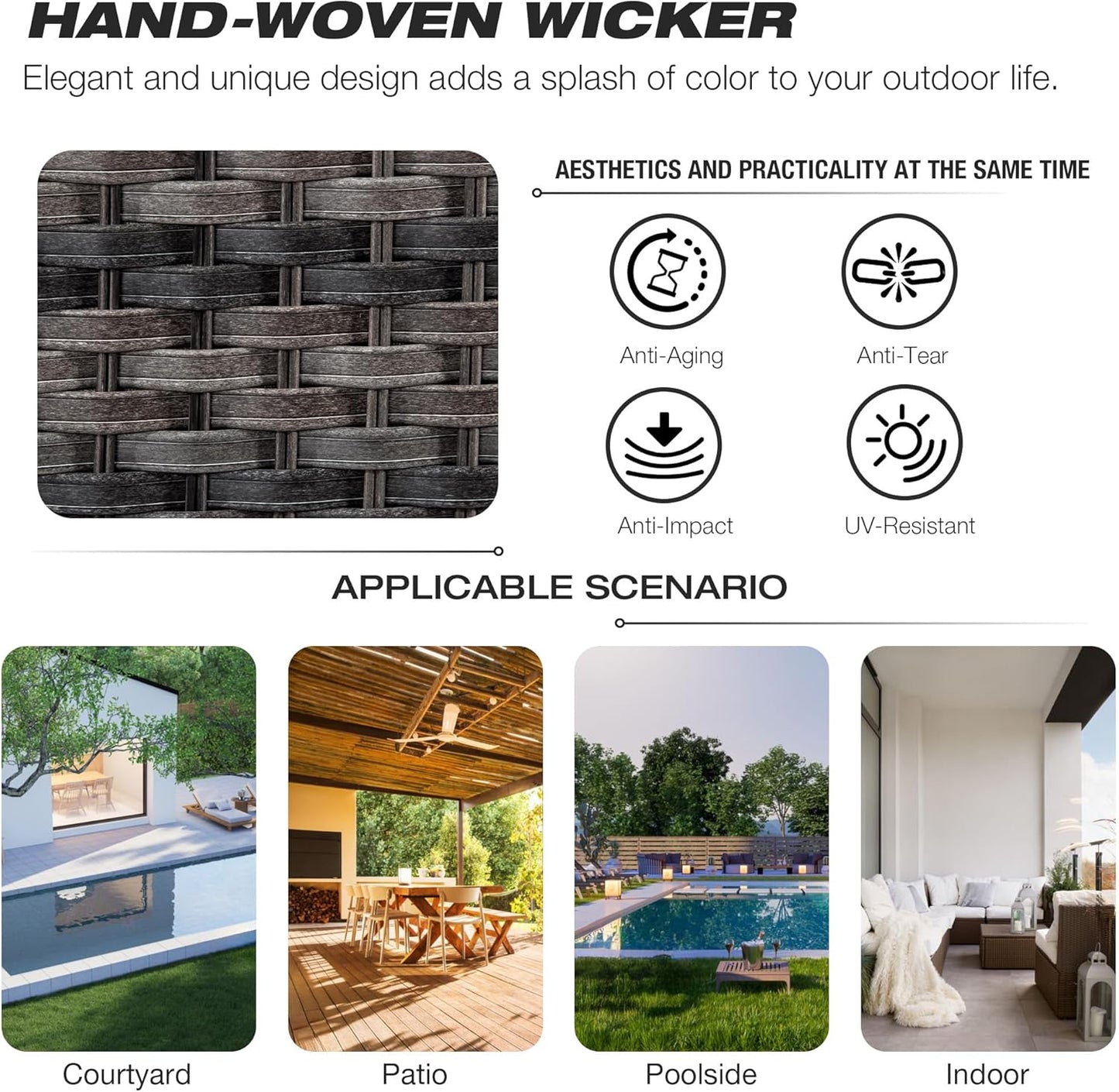 Joyside Patio Furniture Set 5-Piece Wicker Outdoor Furniture Conversational Set with 3-Seat Sofa, 2 Armchairs, 2 Ottoman Patio Rattan Wicker Sectional Sofa Set with Olefin Cushions(Mixed Grey/Blue)