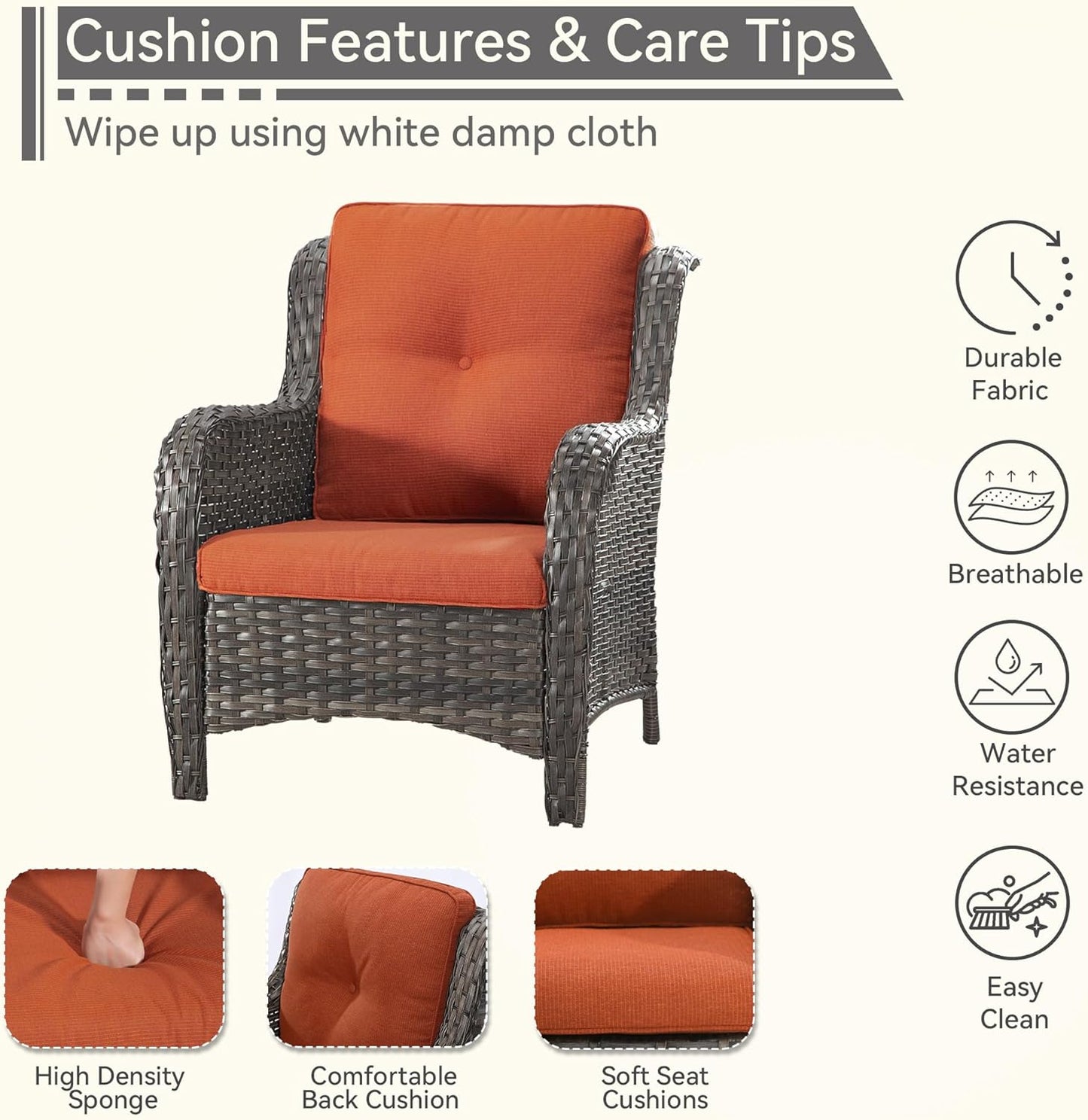 Patio Wicker Chairs Set of 2, Patio Rattan Dining Chairs with 3.5-inch Seat Cushions, High Back and Curved Armrest for Garden, Backyard, Balcony and Deck, Orange