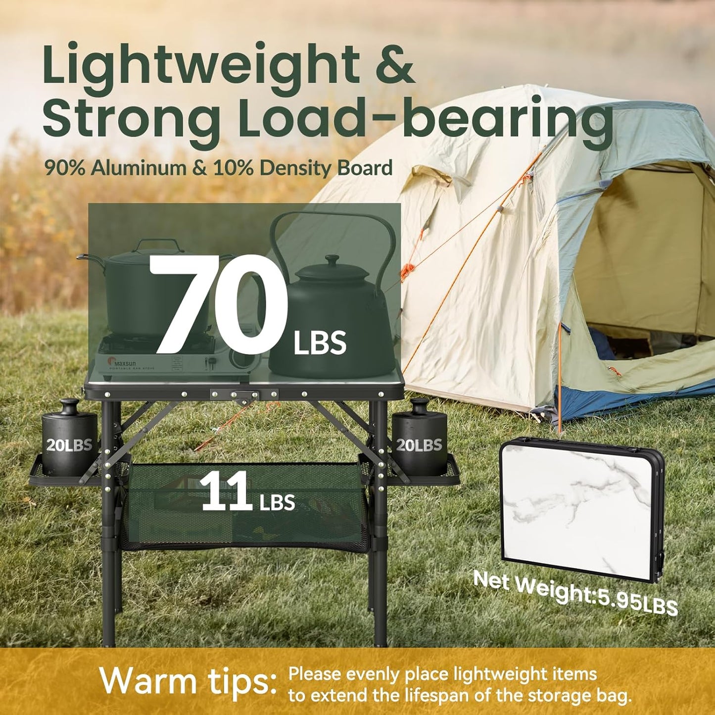 Titanker Small Camp Table 2ft, Folding Camping Table Portable with Storage Bag & Side Racks, Picnic & Beach Table, Car Camping Essentials, Aluminum Light & Solid