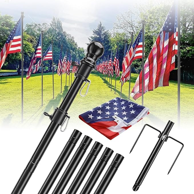 Yard Flag Pole for Outside House in Ground - 8.5 ft Tangle Free Stainless Steel Flagpole with 2 Anti-Tip Prong Base,Portable Flag Pole kit with 3x5 American Flag for Outdoor RV Camper,Black
