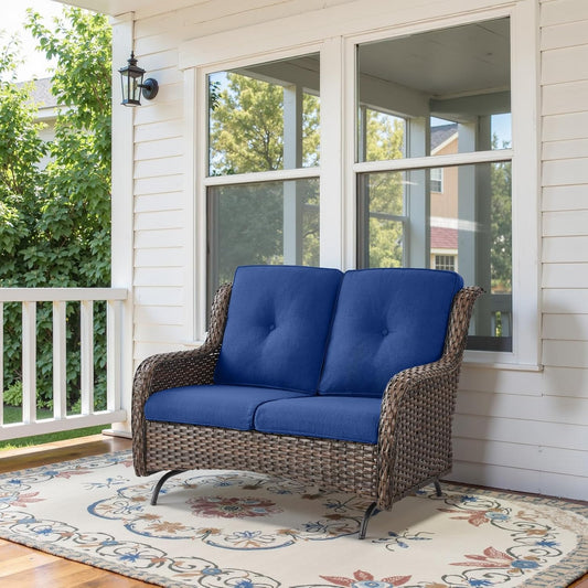 Spacious Outdoor Glider Bench - 500 LBS Weight Capacity Small Loveseat, 2 Seater Patio Gliders Furniture All Weather Wicker Couch with Removable Cushion for Deck Sunroom Balcony Backyard