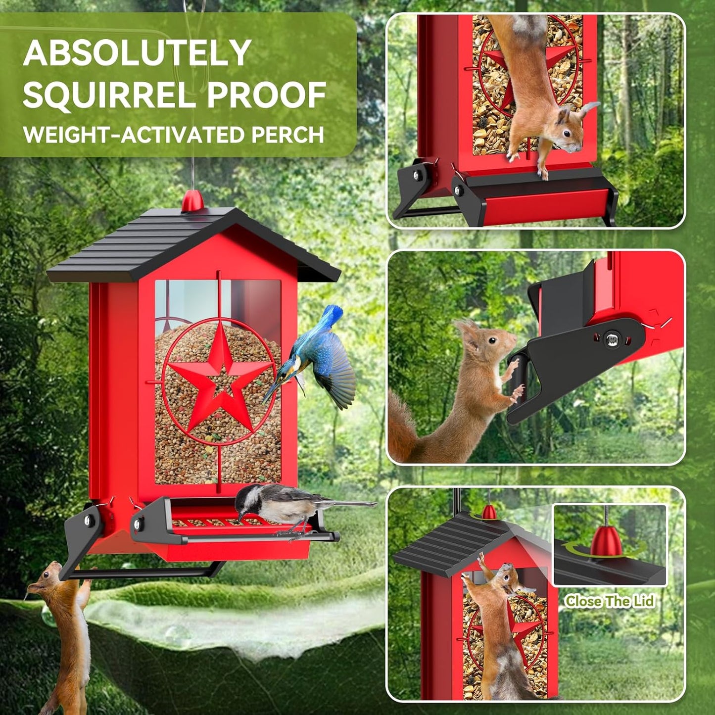 Squirrel Proof Bird Feeder for Outdoors Hanging, Metal Wild Bird Seed Feeder with Bilateral Weight-Activated Perches, 5LB Large Capacity Wild Bird Feeders for Outside Finch, Cardinal, Blue Jay