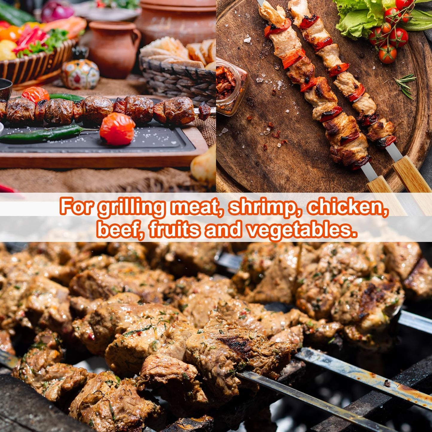 SHIKORI Kabob Skewers,BBQ Barbecue Skewers,Stainless Steel Sticks,23 Inch Heavy Duty Large Wide Reusable,with Nonslip Wooden-6 Pcs