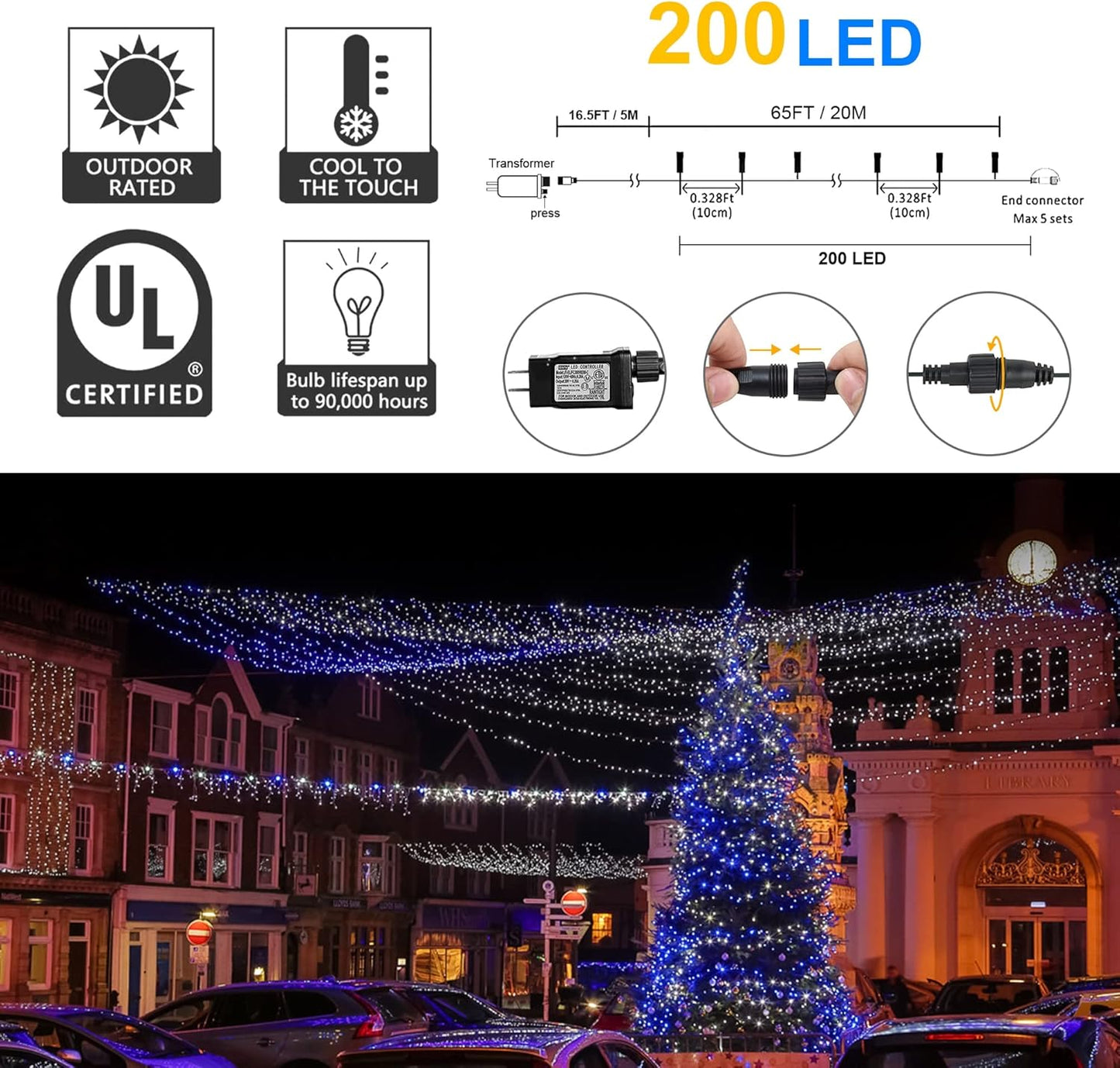 weillsnow Outdoor Christmas Decoration,66 FT 200 LED String Lights with Timer Memory Function,Plug in Waterproof Fairy Lights for Indoor Outdoor Home Room Garden Christmas Party Decor(Blue&White)