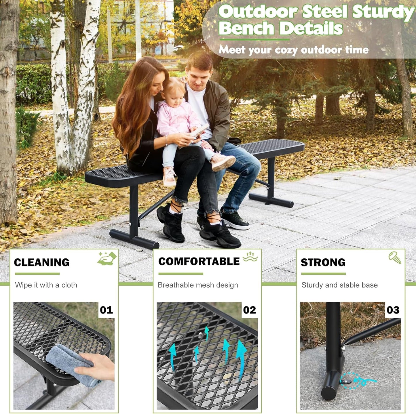 Thermoplastic Coated Iron Park Bench for Outside, Heavy Duty Metal Garden Bench, Expanded Commercial Grade Seating for Shopping Malls, Lawn Yard Porch Entryway (Black without Backrest, 72IN)