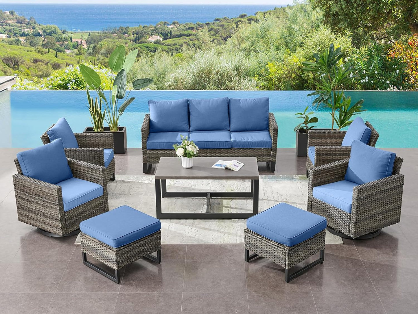 HUMMUH 8 Piece Patio Furniture Set All Weather Wicker Outdoor Sectional Sofa with Patio Chairs,Patio Swivel Glider Chairs Ottomans Coffee Table for Porch,Garden,Backyard