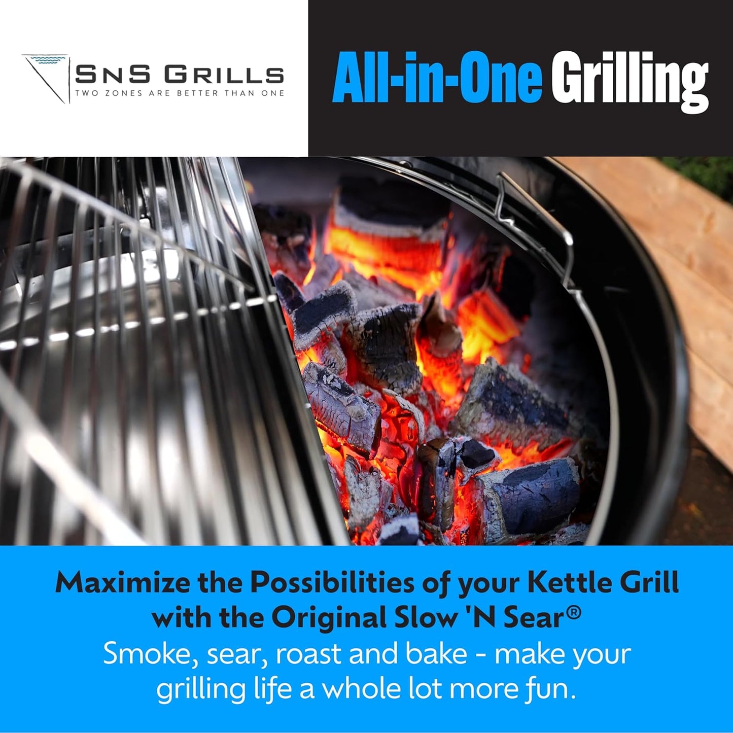SnS Grills Patented Slow ‘N Sear Original Insert - Stainless Steel Charcoal Basket with Built-In Water Reservoir for Low ‘N Slow Smoking & Charcoal Grilling for Weber & Other Kettle Grills - 22 in
