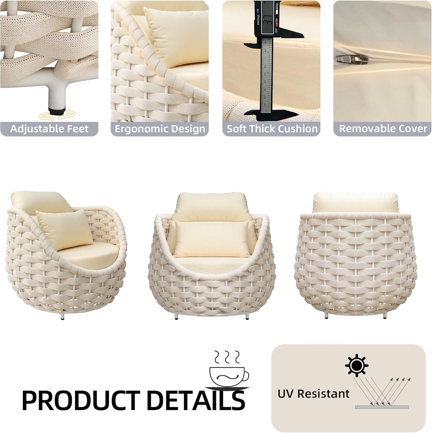 TWT 4 Pieces Patio Sofas, All-Weather Olefin Rope Balcony Furniture with Cushions & Pillows, Patio Couch Outdoor Patio Furniture Set for Indoor, Balcony, Backyard, Deck, Poolside, Cream