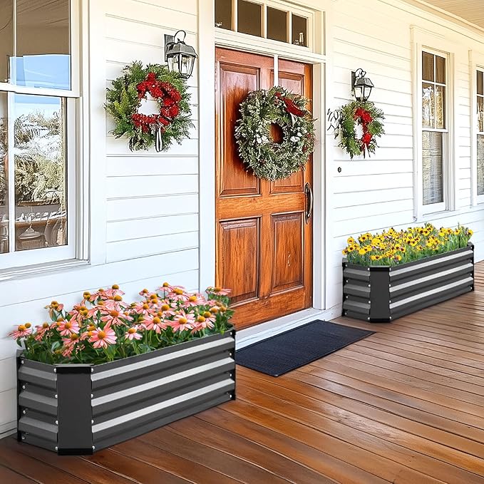 KING BIRD Raised Garden Bed Kit with Bottom 2025 Upgraded Galvanized Planter Garden Box Outdoor & Indoor for Gardening, Vegetables, Flowers, Dark Grey, 35.4x11.8x11.8 in