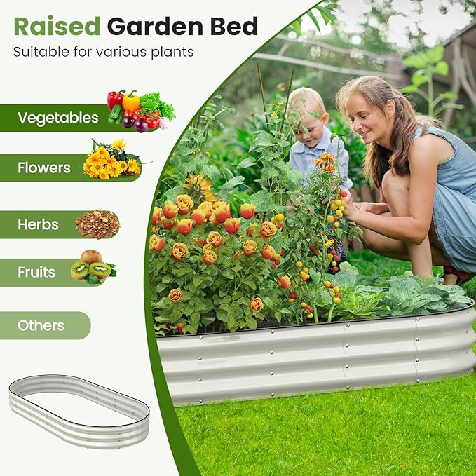 Oval 8x4x1 FT Galvanized Raised Garden Bed Kit, 3 in 1 Large Metal Garden Bed Raised Planter Box, 12” Raised Beds for Gardening Vegetables Flower Herb(Pearl White)