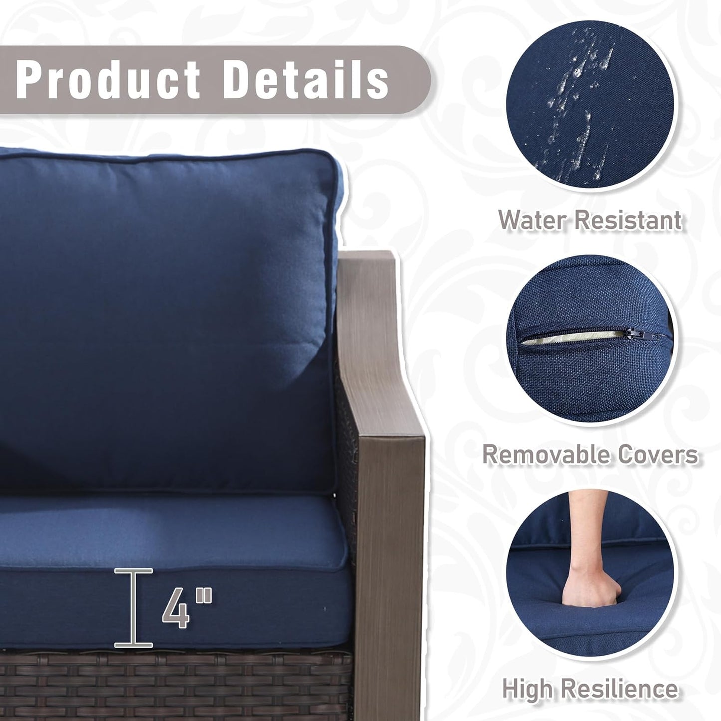 4 Piece Wicker Patio Conversation Set, All-Weather Use Outdoor 2 PE Rattan Chair, 2 Ottoman, Removable Water-Resistant Cushion, Ideal for Porch, Backyard, Balcony, Poolside, Blue