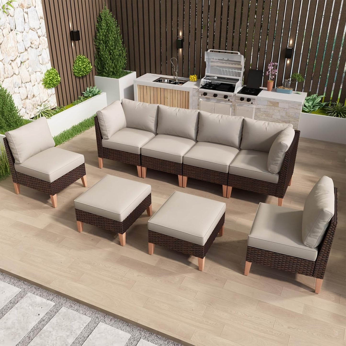 HUMMUH 8 Pieces Patio Furniture Set,Outdoor Modular Sectional Couch Chairs with Ottomans,All Weather PE Wicker Patio Conversation Sets for Garden Porch Backyard