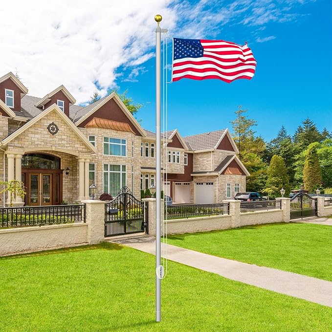 Flag Pole Kit 20FT, 12 Gauge 1.8mm Thickness Heavy Duty Flag Poles with 3x5 American Flag, Silver Flag Pole for Outdoor House In Ground, Extra Thick Flagpoles Suitable for Yard and Garden
