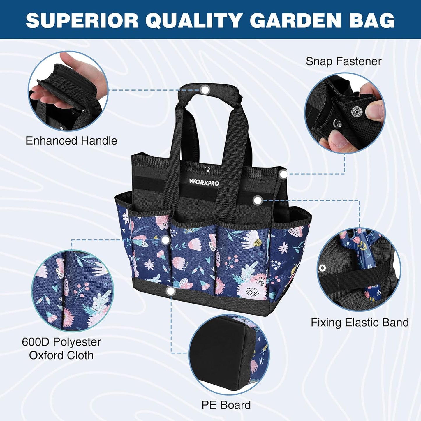 WORKPRO Garden Tool Bag, 9-Pocket Heavy Duty Oxford Tote Bag, Gardening Tool Kit Holder, 12" x 12" x 6" (Blue Insects)