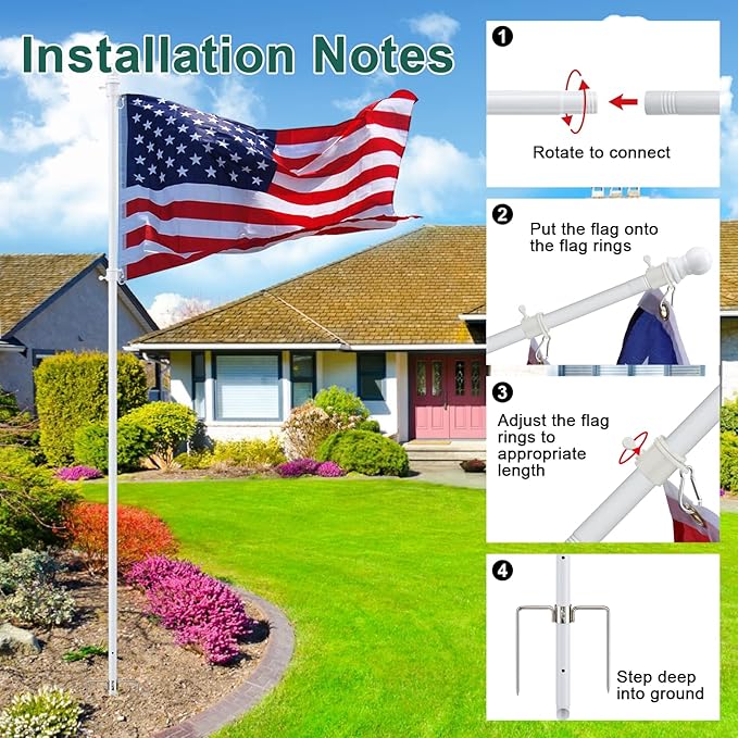 Yard Flag Pole for Outside Ground - 8.5 ft Tangle Free Heavy Duty Flag Pole Kit with 2 Anti-Tip Prong Base,Portable Inground Flag Holder with 3x5 American Flag for House Outdoor Campers,White
