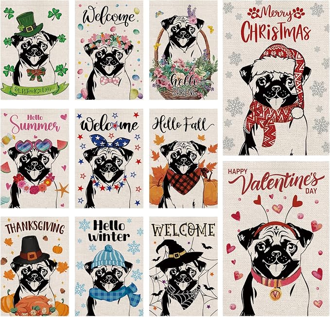 Seasonal Garden Flags Pug Dog Double Sided Flags Set of 11 Holiday Farmhouse Indoor Outdoor Yard Lawn Christmas Gifts Decorations 12.5x18 Inch