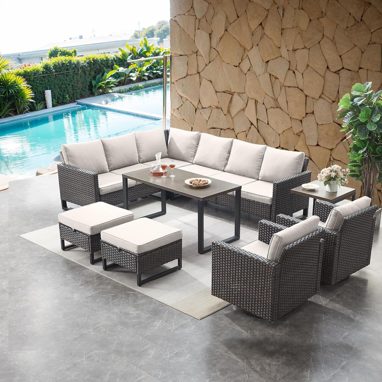 HUMMUH 8 Piece Patio Furniture Set PE Wicker Outdoor Sectional Sofa and Patio Swivel Chairs Outdoor Dining Table Ottomans for Porch,Garden,Backyard,Deck(Brown/Beige)
