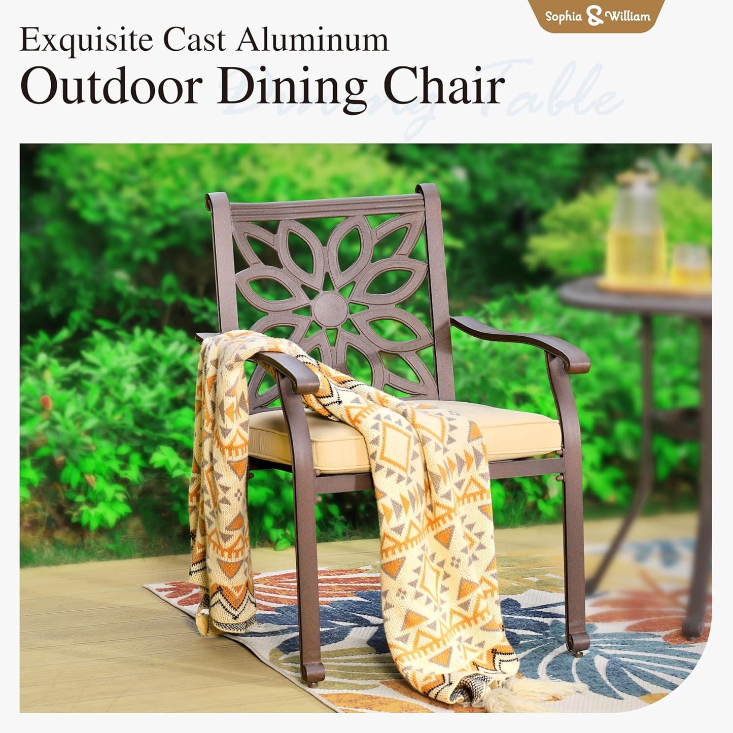 Sophia & William 7 Pieces Cast Aluminium Patio Dining Furniture Set for 6, Powder-Coating Outdoor Dining Chairs and Round Table with 2.2" Umbrella Hole for Porch Backyard Deck, Bronze