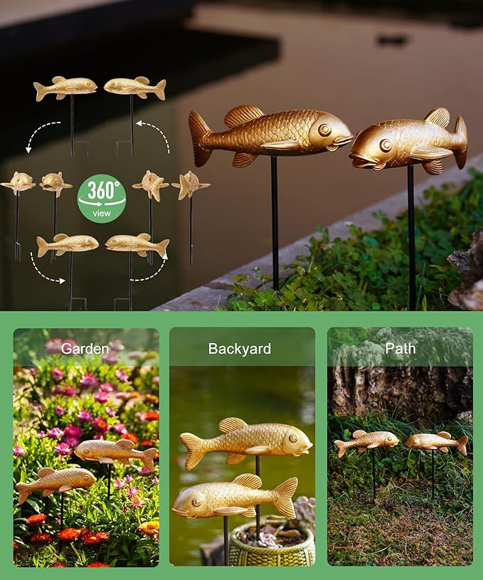 Outdoor Koi Fish Statues 2Pack: Garden Sculpture Ornaments Pond Decor for Yard Lawn Patio Porch Outside Decorative Gifts for Grandma Women Mom