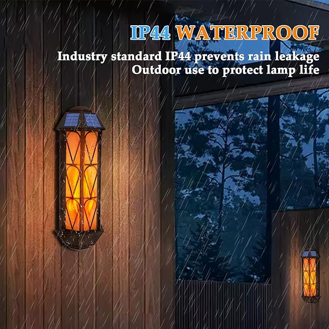 Solar Flame Lights Outdoor, Upgraded 74 LED Flickering Flame Lights, Solar Powered Auto On/Off, Outdoor Waterproof Wall Lanterns for House Garage Doorway Garden Porch Patio Yard Decoration (2 Pack)