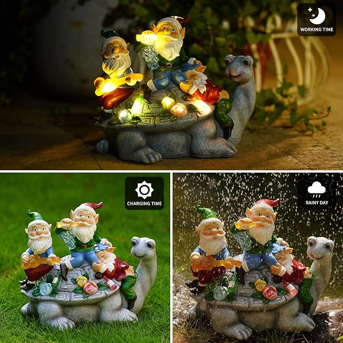 Upgraded Size Solar Garden Outdoor Statues Three Gnomes having party on turtle with 7 LED Solar Figurine for Lawn,Patio,Balcony,Yard Decor Unique Housewarming Gift, for grandfather, Father,Grandma,Wen