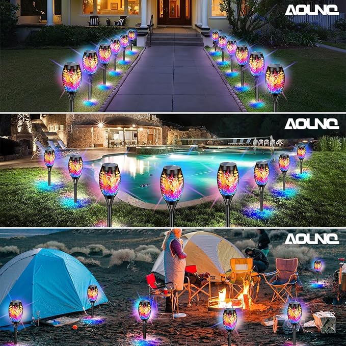 8 Pack Solar Torch Lights Outdoor Waterproof - Multicolor Flickering Flame, Outdoor Solar Garden Lights for Yard, Tiki Torches for Outside Patio Pathway Decorations